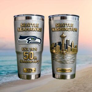 Seattle Seahawks 50th Anniversary Tumbler Est. 1976 Emerald City Edition 40oz Stainless Steel Travel Tumbler