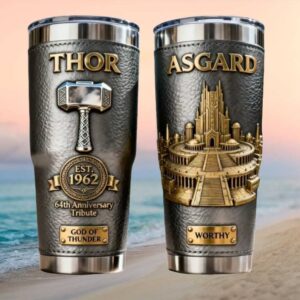Thor 64th Anniversary Tribute Mjolnir and Asgard Gold & Leather Style Yeti Tumbler