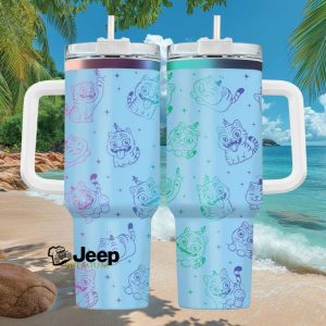 Whimsical Cartoon Cat Pattern Pastel Blue 40oz Insulated Travel Tumbler with Handle.jfif