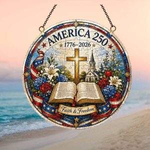 America 250 Faith and Freedom Bible & Cross Patriotic Anniversary Ornament