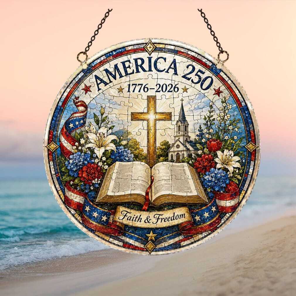 America 250 Faith and Freedom Bible & Cross Patriotic Anniversary Ornament America 250 Faith and Freedom Bible & Cross Patriotic Anniversary Ornament