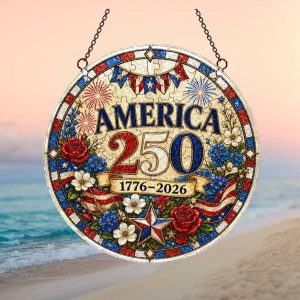 America 250 Floral Stained Glass Sun Catcher 1776 2026 Anniversary Celebration Ornament