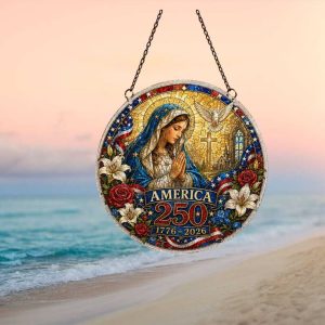 America 250 Years Blessed Virgin Mary Stained Glass Style Patriotic DeOrnament