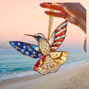America 250 Years of Freedom Hummingbird Patriotic Stained Glass Art Ornament