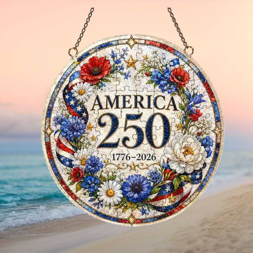 America 250th Anniversary 1776 2026 Floral Patriotic Stained Glass Ornament America 250th Anniversary 1776 2026 Floral Patriotic Stained Glass Ornament