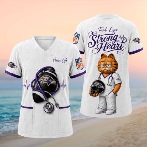 Baltimore Ravens NFL Nurse Life Garfield Tired Eyes Strong Heart T Shirt