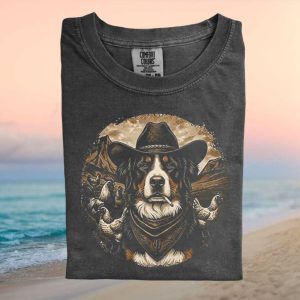 Bernese Mountain Dog Cowboy Hat Chicken Farm Retro T Shirt