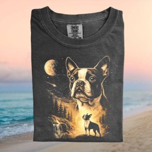 Boston Terrier Dog Vintage Forest Moon Graphic T Shirt