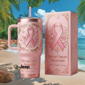 Breast Cancer Awareness Hope Strength Courage Floral Pink Ribbon Stainless Steel Insulated Tumbler