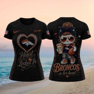 Broncos Cute Kitty Rhinestone Heart Women Football T Shirt