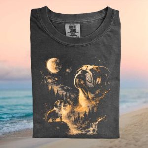 Bulldog Mystic Night Moon and Forest Landscape T Shirt