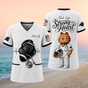 Carolina Panthers Garfield Nurse Strong Heart Medical Scrub T Shirt