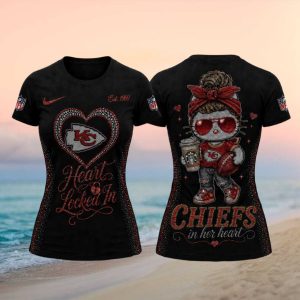 Chiefs Cute Kitty Rhinestone Heart Women Football T Shirt