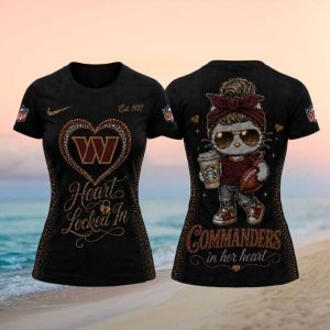 Commanders Cute Kitty Rhinestone Heart Women Football T Shirt