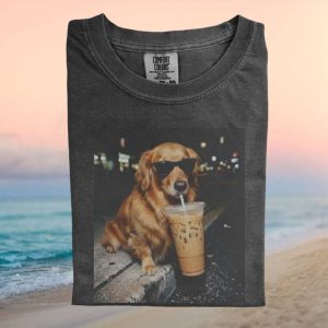 Cool Golden Retriever Sunglasses Drinking Iced Coffee T Shirt