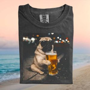 Cool Pug Dog Wearing Sunglasses Drinking Beer Nightlife T Shirt