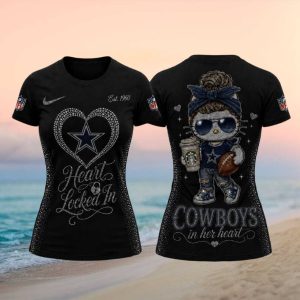 Cowboys Cute Kitty Rhinestone Heart Women Football T Shirt