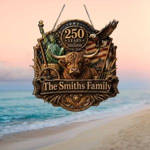 Custom Family Name 250 Years of Freedom Highland Cow Patriotic Ornament