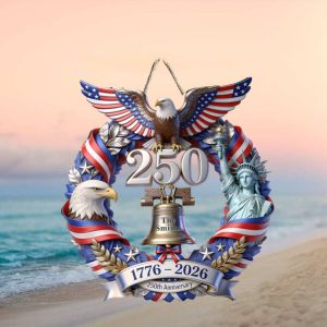 Custom Family Name 250th Anniversary Eagle & Statue of Liberty Wreath Ornament