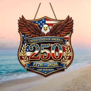 Custom Family Name US 250th Anniversary Shield Acrylicen Ornament