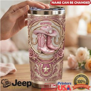 Custom Sophia Pink Cowboy Boots Western Floral Personalized Gifts For Women Stainless Steel Insulated Tumbler
