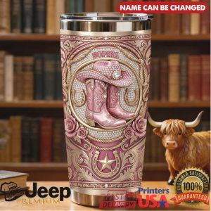 Custom Sophia Pink Cowboy Boots Western Floral Personalized Gifts For Women Stainless Steel Insulated Tumbler