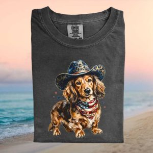 Dachshund Cowboy Hat Patriotic American Flag Bandana T Shirt