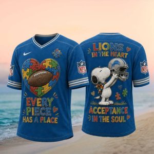 Detroit Football Snoopy Autism Awareness Pieces V Neck T Shirt