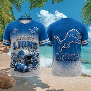 Detroit Lions Mascot Helmet Classic Blue Football Sport T Shirt