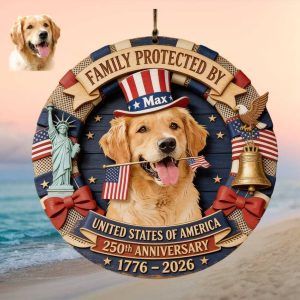 Family Protected By Golden Retriever Custom 250th Anniversary Door Ornament