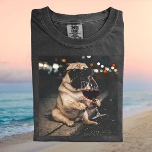 Funny Pug Wearing Sunglasses Drinking Red Wine Nightlife Graphic T Shirt