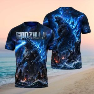 Godzilla Blue Atomic Breath Galaxy Space Graphic T Shirt
