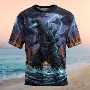 Godzilla Kaiju Blue Lightning City Destruction Graphic T Shirt