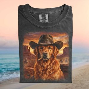 Golden Retriever Cowboy Hat Smoking Cigar Western T Shirt
