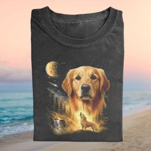 Golden Retriever Wolf Moon Mountain Waterfall Vintage T Shirt