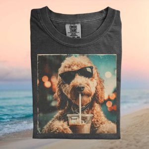 Goldendoodle Wearing Sunglasses Drinking Iced Coffee Summer T Shirt