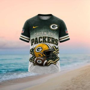 Green Bay Packers American Flag Helmet Graphic Football T Shirt