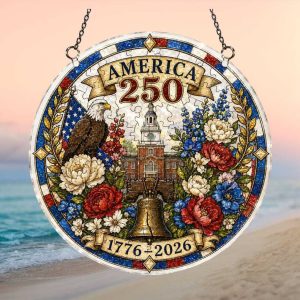 Independence Hall & Liberty Bell Stained Glass America 250 Floral DeOrnament Ornament