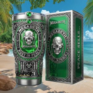 Megadeth Rust In Peace Peace Sells Green Crystal Skull Metal Stainless Steel Insulated Tumbler