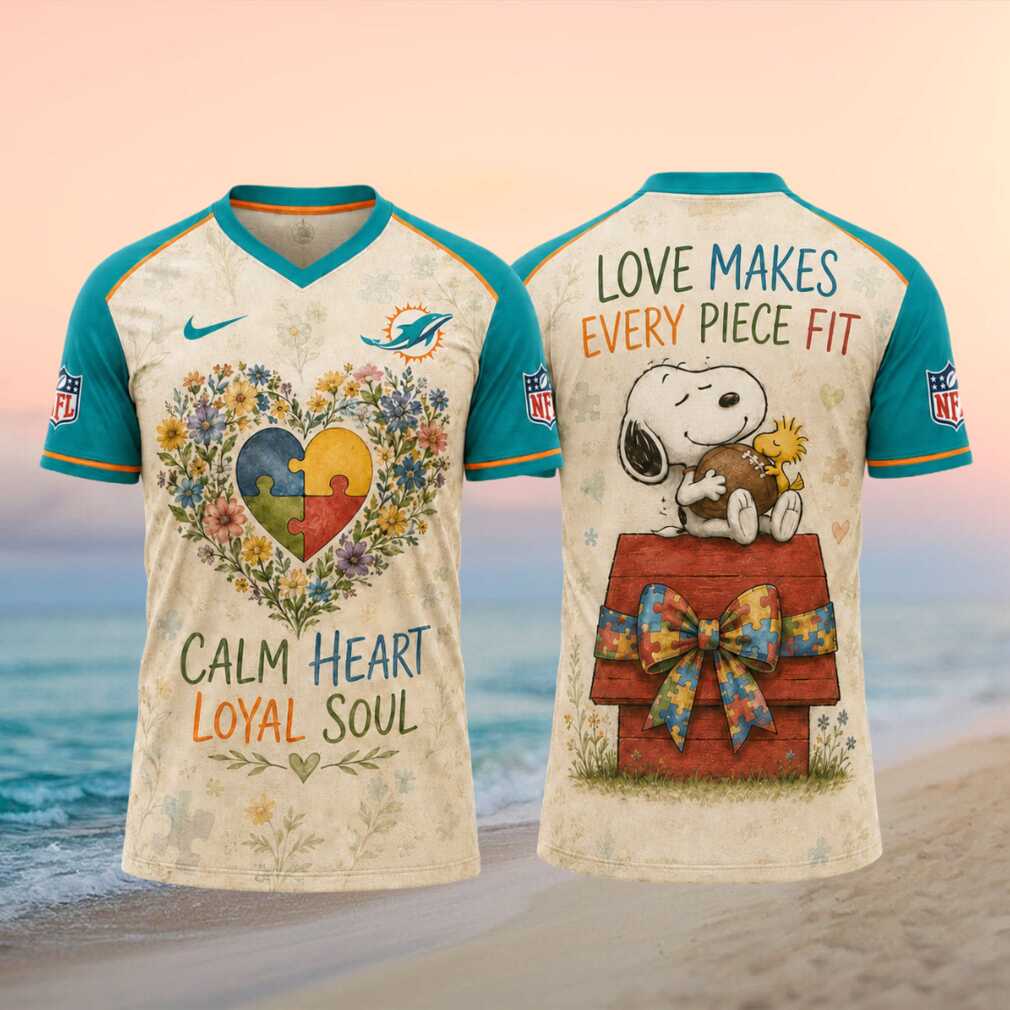 Miami Dolphins Snoopy Autism Awareness Calm Heart Football T Shirt Miami Dolphins Snoopy Autism Awareness Calm Heart Football T Shirt