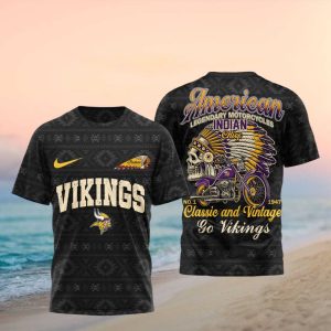 Minnesota Vikings Indian Chief Vintage Motorcycle Black 3D T Shirt