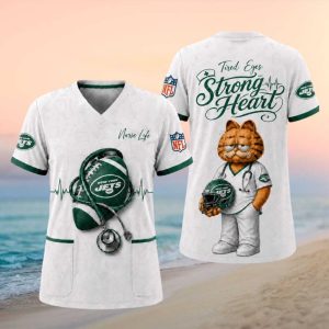 New York Jets NFL Nurse Life Garfield Tired Eyes Strong Heart T Shirt