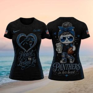 Panthers Cute Kitty Rhinestone Heart Women Football T Shirt