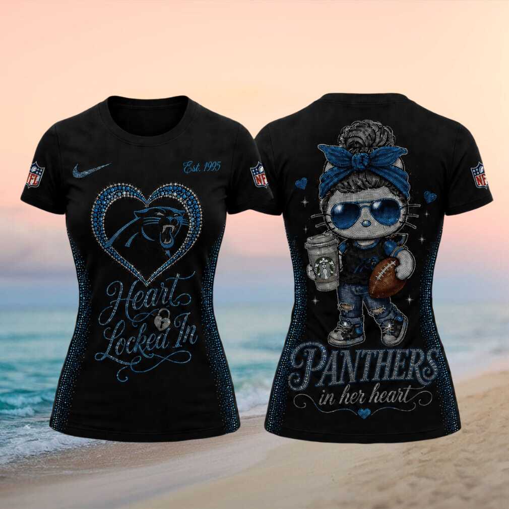 Panthers Cute Kitty Rhinestone Heart Women Football T Shirt Panthers Cute Kitty Rhinestone Heart Women Football T Shirt