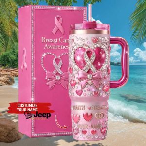 Personalized Breast Cancer Awareness Pink Ribbon Faith Strength Hearts 40oz Stainless Steel Insulated Tumbler