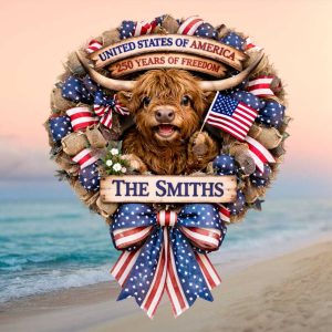 Personalized Highland Cow American Flag Wreath 250th Anniversary Ornament