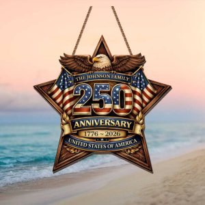 Personalized Johnson Family USA 250th Anniversary Star Ornament Wood Grain Eagle & Flag Decor