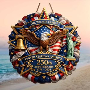 Personalized Wilson Family America 250 Years Patriotic Wreath Ornament