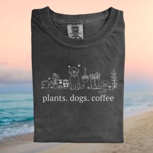 Plants Dogs Coffee Line Art Botanical Gardening Dog Lover T Shirt