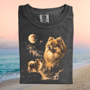 Pomeranian Three Wolf Moon Style Mystic Forest Landscape T Shirt